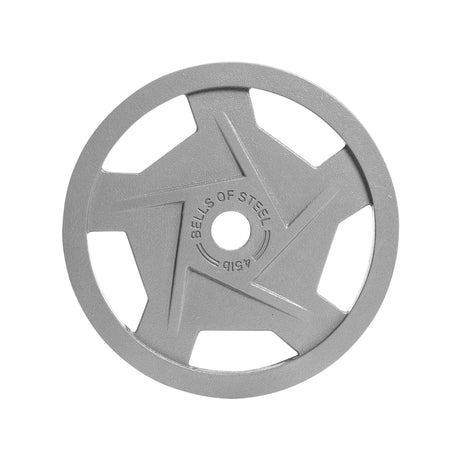 The Bells of Steel Gray Mighty Grip Olympic Weight Plate features a star-patterned design with precision grip handles and "BELLS OF STEEL 45 LB" text, perfect for those seeking Olympic weight plates.