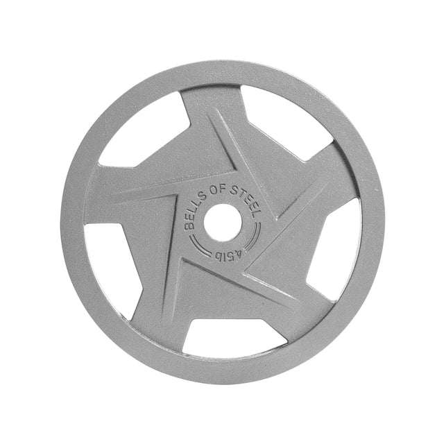 The Bells of Steel Gray Mighty Grip Olympic Weight Plate features a star-patterned design with precision grip handles and "BELLS OF STEEL 45 LB" text, perfect for those seeking Olympic weight plates.