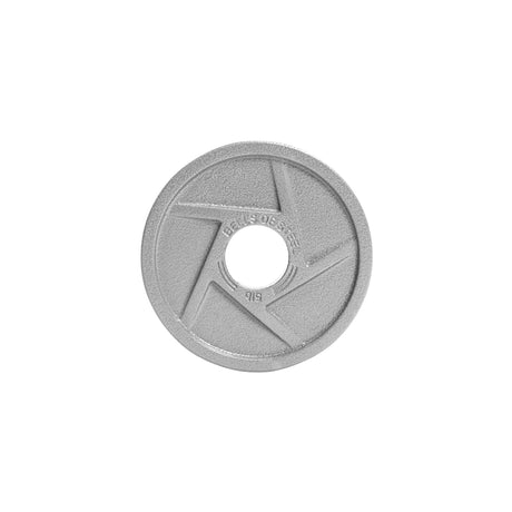 The Gray Mighty Grip Olympic Weight Plate by Bells of Steel features embossed writing and a central hole, with an intersecting line pattern resembling camera aperture blades, all set against a plain white background to highlight its craftsmanship.