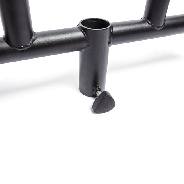 Close-up of the Bells of Steel Viking Press Attachment, showing its black metal frame with a vertical tube and screw knob, designed for use with an Olympic bar, on a white background.