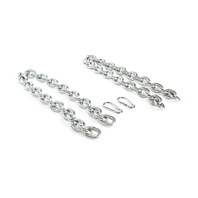 The Bells of Steel Chain Weight Vest includes two silver weighted chains and two metal snap hooks, arranged parallel on a white background—perfect accessories for enhancing your strength training routine.