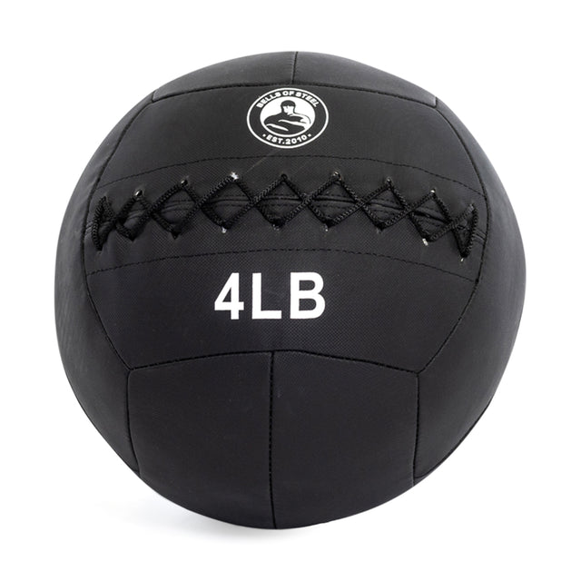 The "Triple Stitched Medicine Balls" by Bells of Steel is a black medicine ball featuring visible stitching, a logo at the top, and "4 LB" in bold white text to indicate its weight. Durable and ideal for all fitness levels, it makes an excellent workout companion.