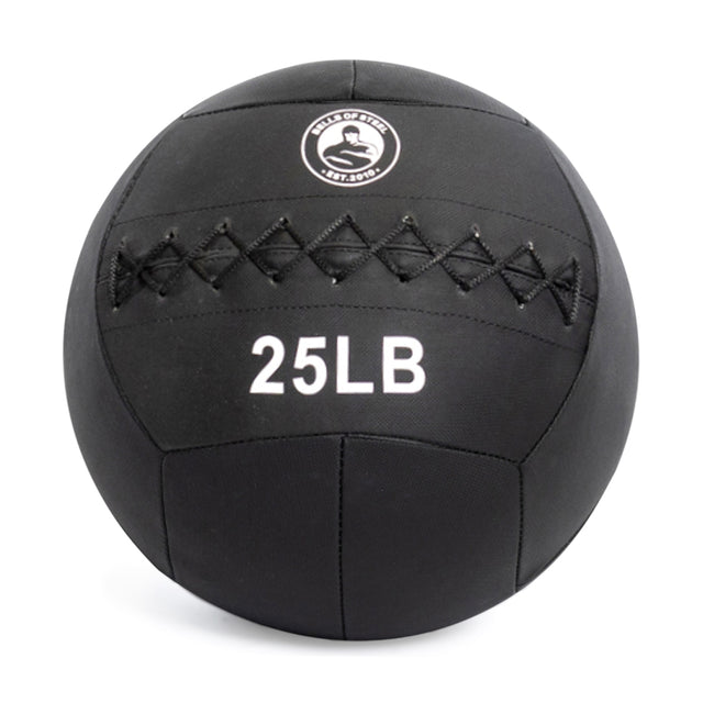 The Bells of Steel Triple Stitched Medicine Ball in black, featuring bold "25 LB" text, a stitched seam design, and a unique logo near the top, is designed for various fitness levels to enhance your workout routine.