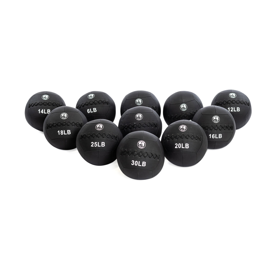 The Bells of Steel Triple Stitched Medicine Balls collection includes twelve balls with a Kevlar-like texture and logo emblem, arranged triangularly, bearing weights from 6 to 30 pounds to suit all fitness levels.