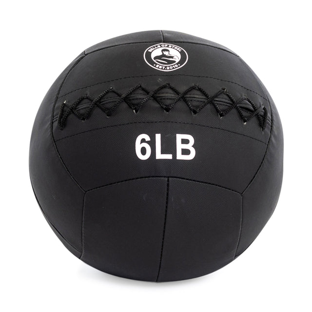 The Bells of Steel Triple Stitched Medicine Balls feature a visible logo and “6LB” print, with a zigzag triple stitch design for enhanced strength. Made from durable Kevlar, these black medicine balls are available in various weights to meet diverse workout needs.
