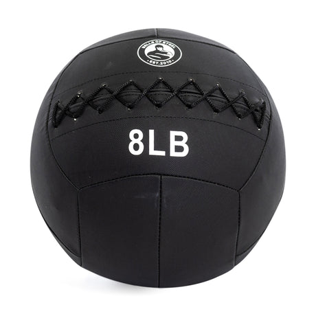 A Bells of Steel Triple Stitched Medicine Ball in black features "8 LB" text, the Rep Fitness logo, a graphic, and durable Kevlar construction to endure intense workouts.