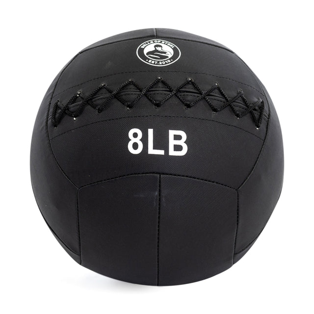 A Bells of Steel Triple Stitched Medicine Ball in black features "8 LB" text, the Rep Fitness logo, a graphic, and durable Kevlar construction to endure intense workouts.