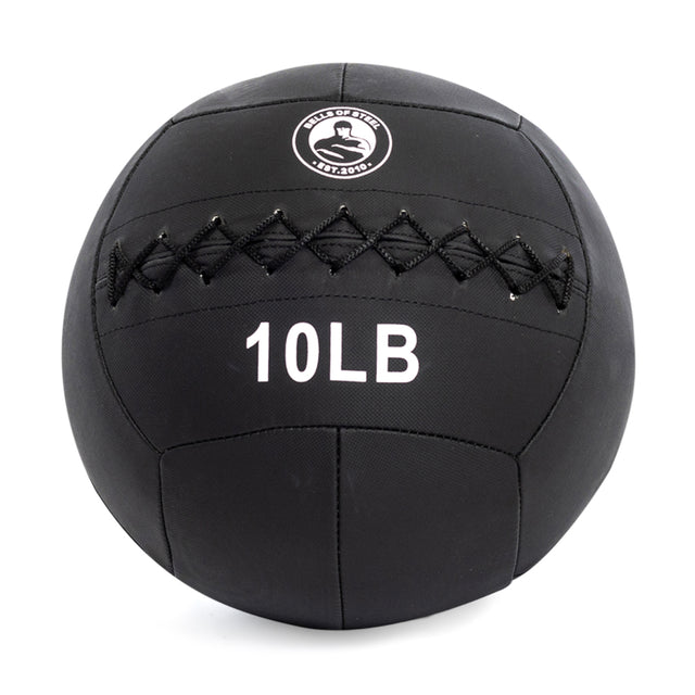 The Bells of Steel Triple Stitched Medicine Ball, available in various weights, features durable triple-stitched lacing. This black 10-pound ball sports a round logo with a fist and "Keep of Stack EST. 2009," ensuring resilience and performance.