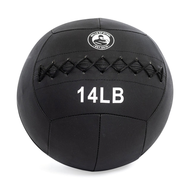 A black 14LB Triple Stitched Medicine Ball from Bells of Steel is shown with a "House of Strength Est. 2010" logo, featuring durable Kevlar and triple-stitched design for longevity, available in multiple weight sizes for versatile training.