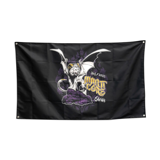 A black Bells of Steel Flags gym banner with a fierce manticore—bat wings, white mane, spiked tail—standing on a rock. Features “Manticore Series” and “8/5/2023” in yellow and white text. Perfect for gym decor.
