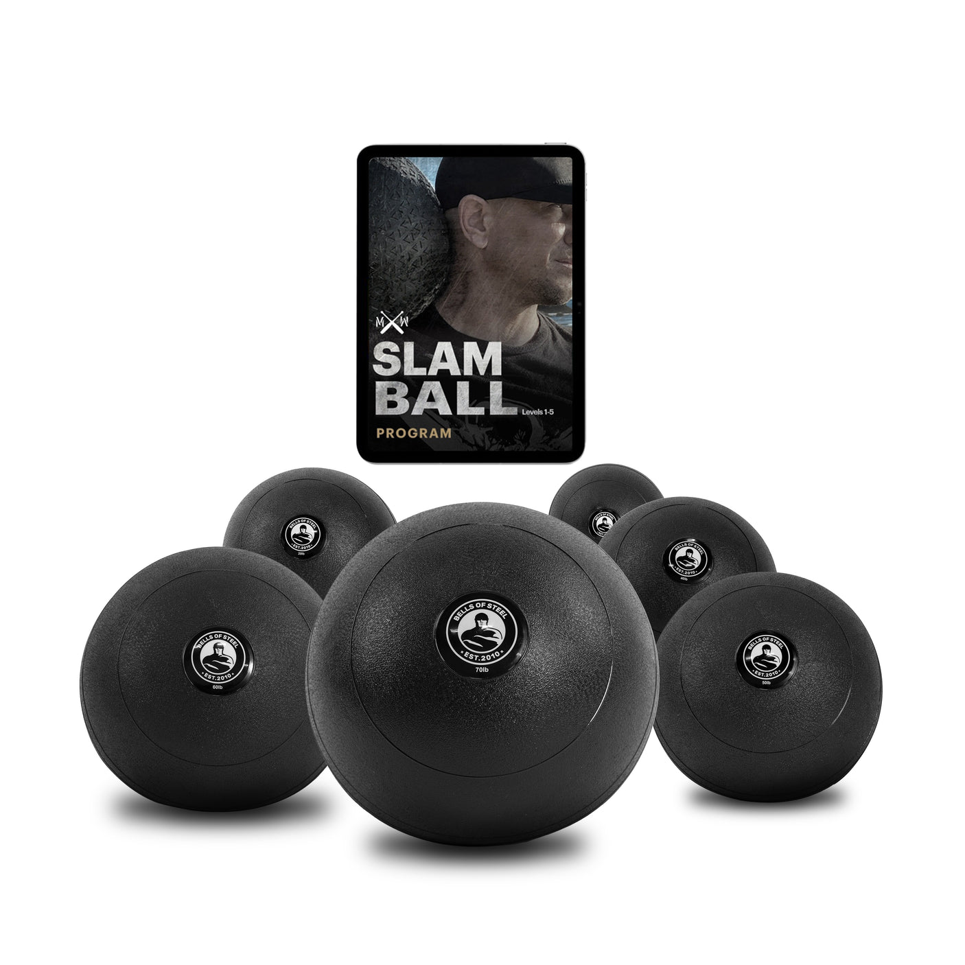 The Wildman Slam Program Large Bundle by Bells of Steel USA includes six black slam balls perfect for high-intensity workouts. A digital device behind them displays an image with "Slam Ball Program," ideal for boosting muscular endurance on a white background.