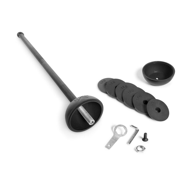 The Adjustable Macebell kit by Bells of Steel, designed to boost core strength, includes a long handle, various kg-marked weight plates, a bowl-shaped base, wrench, hex key, bolt, and nut—all displayed on a clean white background.