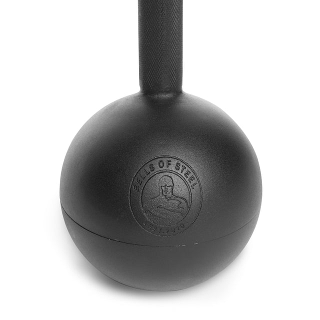 A close-up of the Adjustable Macebell displays a black steel mace with a spherical head, featuring the "Bells of Steel" logo. It's crafted to enhance core strength and shoulder mobility, with a handle extending upward from the sphere's center.