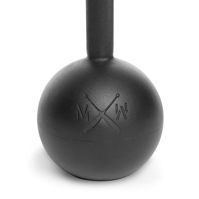 The Bells of Steel Adjustable Macebell is a black steel mace with a long handle and round weighted end, designed to boost core strength and shoulder mobility. It features a crossed arrows logo for precision and power, displayed upright against a plain white background.