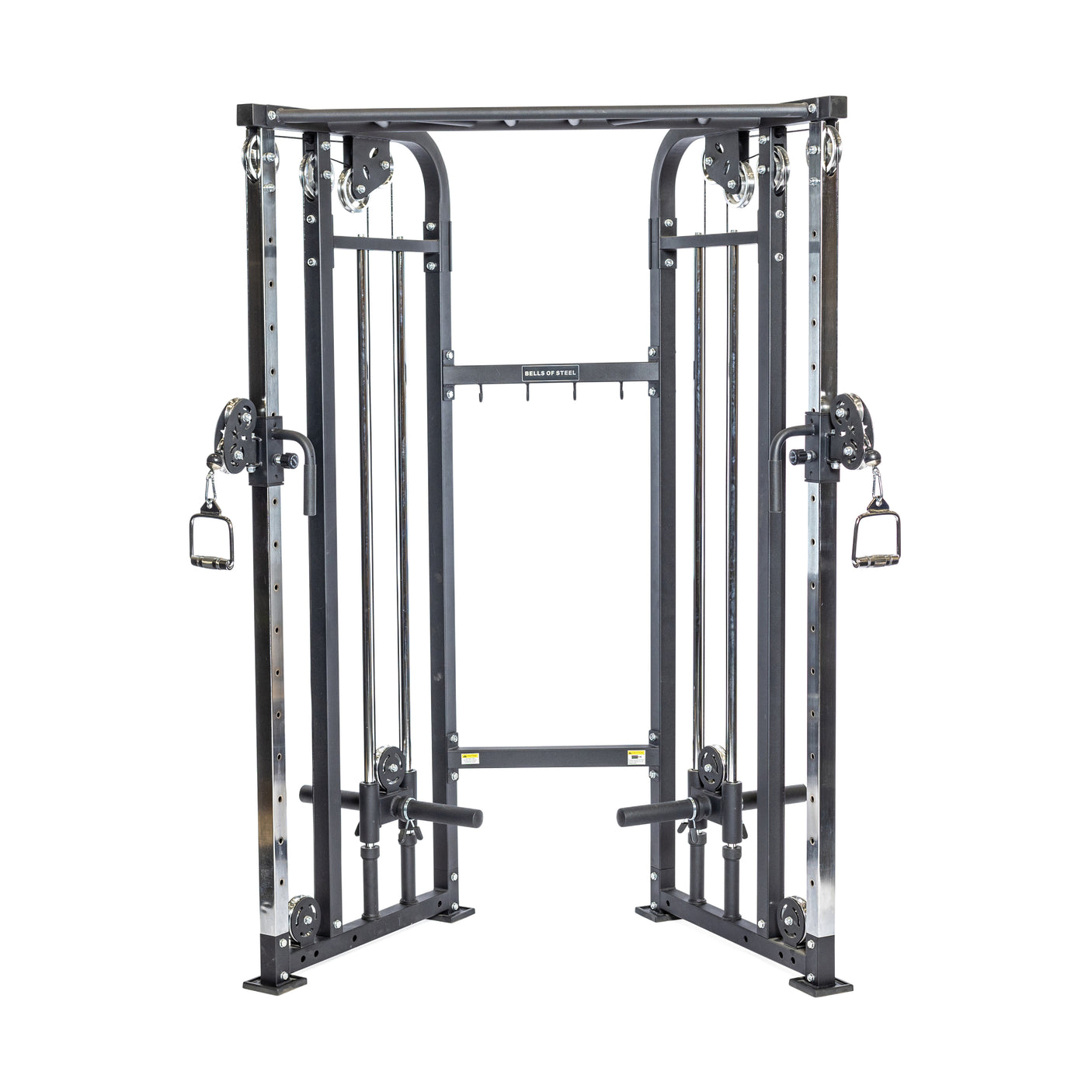 The Bells of Steel Functional Trainer is an all-in-one machine with dual adjustable pulleys and handles, ideal for strength exercises. Its sturdy chrome-accented frame features two weight stacks and various cable attachments for versatile workouts.