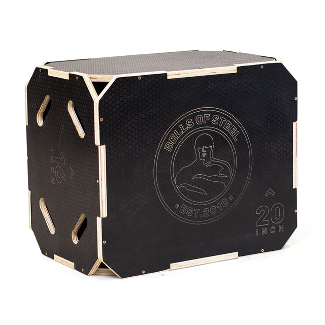 The Bells of Steel 3 in 1 Anti-Slip Wood Plyo Box is a black wooden box with side handles and "BELLS OF STEEL EST. 2010" and "20 INCH" markings—perfect for fitness, exercise, and any home gym setup.