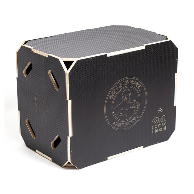 The Bells of Steel 3 in 1 Anti-Slip Wood Plyo Box is a black, rectangular plyo box with grip handles, rounded corners, and "24 inch" marking—an essential, anti-slip gym addition for any home workout space.