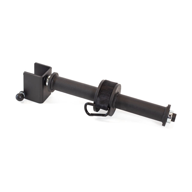 The Bells of Steel Wrist Roller and Rack Attachment is a black metal landmine accessory with a square base, round rotating sleeve, and clamp for securing to gym equipment—perfect for building grip strength with a barbell.
