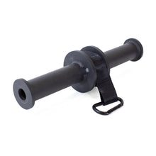 The Bells of Steel Wrist Roller and Rack Attachment is a sleek black device with a cylindrical handle, strap, and sturdy metal carabiner, perfect for enhancing grip strength and forearm power. It can easily be secured as a versatile rack attachment for strength training exercises.