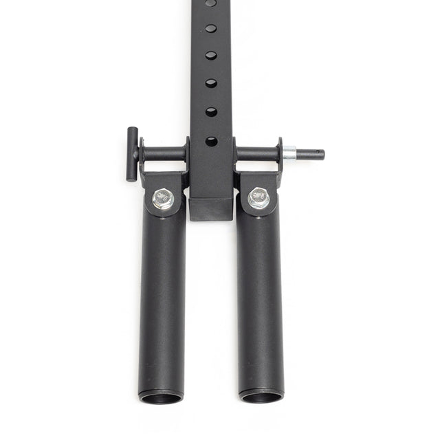 The Bells of Steel Hydra Double Landmine Pin for 5/8" holes is a black metal attachment with dual cylindrical sleeves and an adjustable, multi-hole post, perfect for home gyms and versatile unilateral exercises; shown from above on a white background.