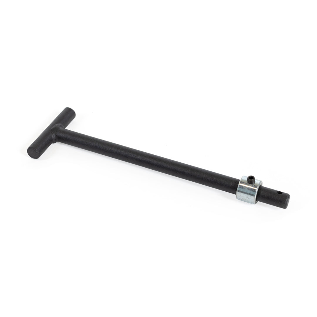 The Bells of Steel Hydra Double Landmine Pin for 5/8" holes is a black metal T-handle tool with a cylindrical shaft and clamp, ideal for adding landmine attachments to your home gym for unilateral exercises.