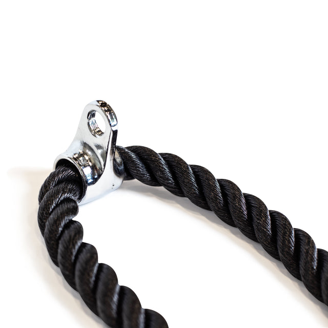 A close-up of the Bells of Steel Extra Long Tricep Rope Extension (137cm) in black, featuring a chrome metal attachment at the end, set against a white background.