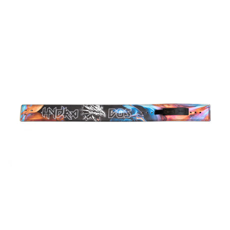 A vibrant inline skate frame with blue, orange, and pink abstract patterns, plus graffiti “HYDRO” and “DOS” text—ideal for skaters seeking standout style, just like the Bells of Steel Lever Belt.