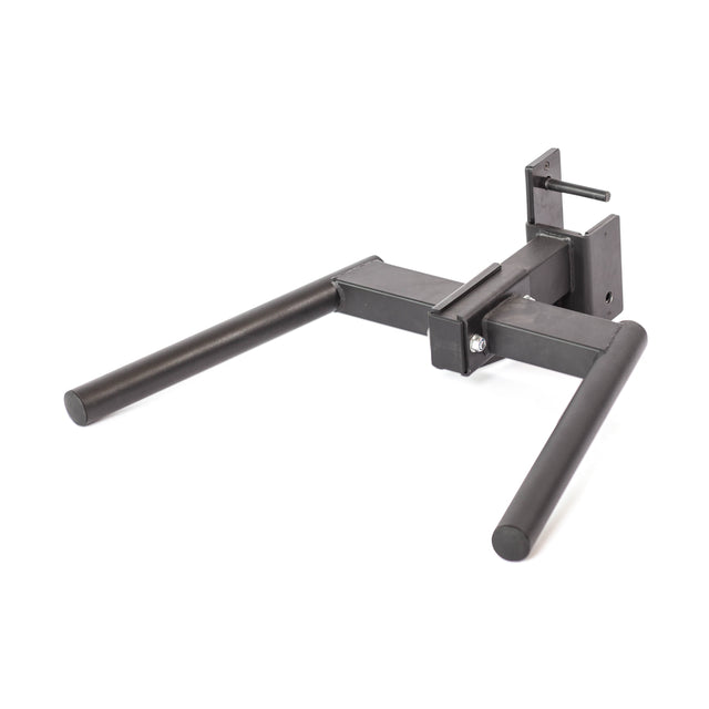 The Bells of Steel Y Dip Bar Rack Attachment features durable black metal, a 500lb weight capacity, and outward-extending parallel bars securely mounted on brackets for sturdy wall installation, ideal for intense workouts.