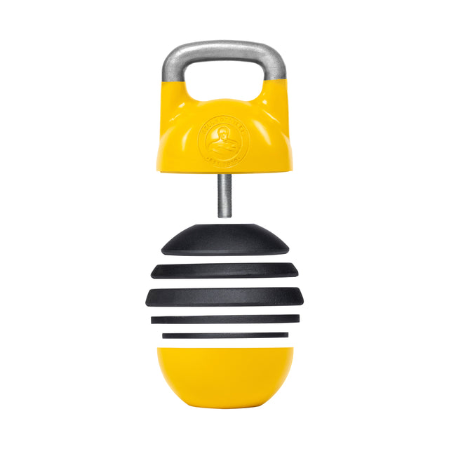 The Bells of Steel Adjustable Competition Kettlebell features a distinct yellow top and handle with a logo, and a beehive-patterned lower section in alternating black rings on yellow—ideal for boosting your kettlebell training.