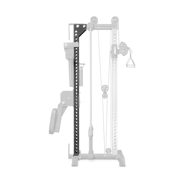 A close-up view of the Bells of Steel USA Oblivyon Tower - 3x3″ Cable Tower - Back Upright, featuring the black-highlighted adjustable vertical bar and pulley system; rack-mounted attachments on the back upright are subtly visible while the remainder of the machine appears faded out.