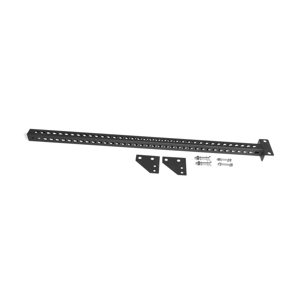 The Bells of Steel USA Oblivyon Tower - 3x3″ Cable Tower - Back Upright includes a black metal support bar with multiple holes for rack-mounted attachments, two black mounting brackets, and four silver bolts with nuts, all displayed on a white background—perfect for securing the back upright of your Oblivyon Cable Tower.