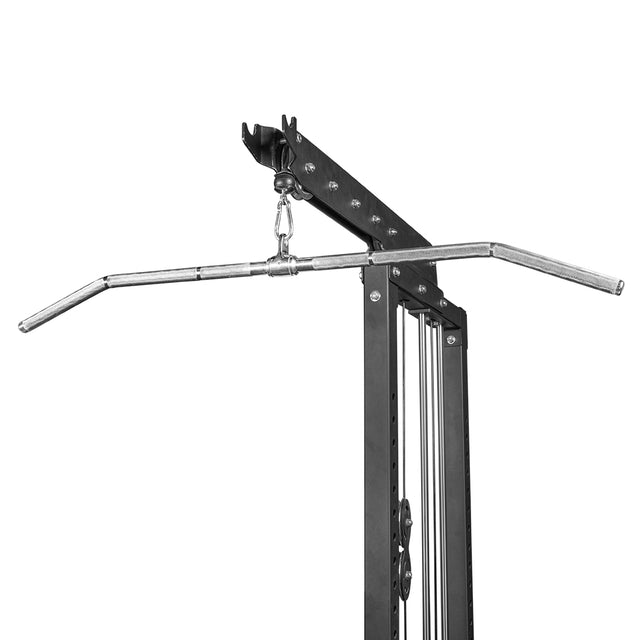 A close-up of the Bells of Steel Lat Pulldown Bar attached to a cable machine, ideal for targeting back muscles during strength training in the gym.