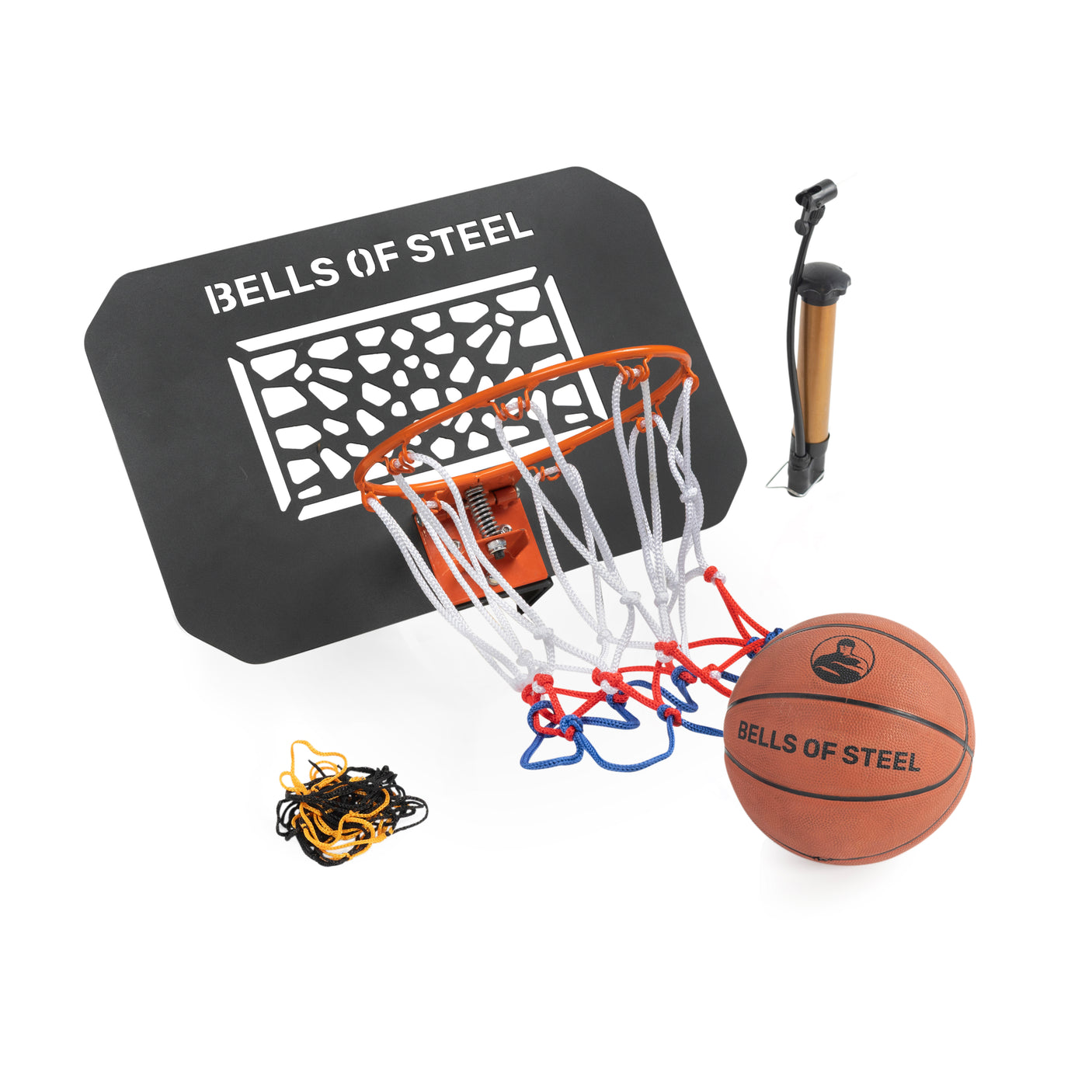 The Bells of Steel Rack Attached Basketball Hoop w/ Ball includes a black backboard, tricolor net, brown basketball, hand pump, and extra nets—ideal for home gyms. All items are shown on a white background.