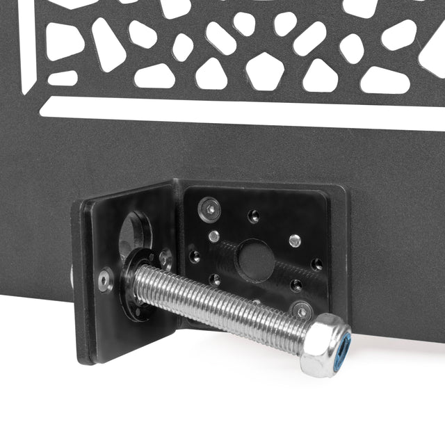 Close-up of a metal bolt with hex nut on a black L-bracket, mounted to a panel—perfect for securely installing your Bells of Steel Rack Attached Basketball Hoop w/ Ball in your home gym.