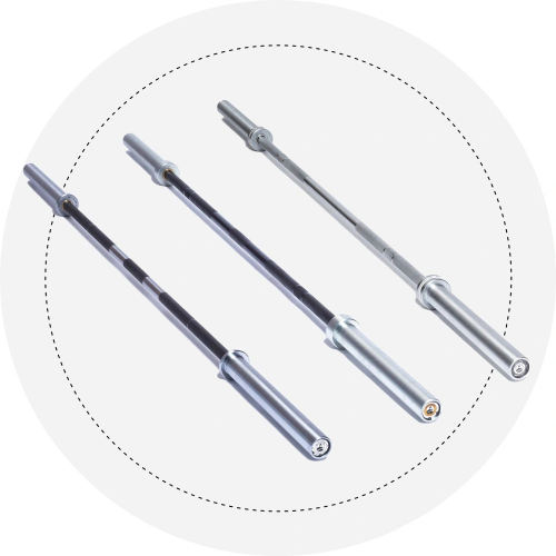 Displayed diagonally in a circular frame with a dotted border, the 3 Packs Of Bars by related_to_7870723915973 feature three metal barbell bars in varying designs and hues from dark to light gray.