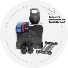 Apartment Gym Combo includes a plyo box, kettlebell, dumbbells, slider, and resistance bands. Text reads "Revolutionize Your Remote Work(out) with Package #5." Brand: related_to_7870728962245.