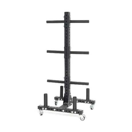 The Hydra Bumper Plate Tree Builder by related_to_8058365837509 is a black vertical weight plate rack with multiple horizontal storage arms and caster wheels for easy mobility. Its sturdy metal frame and optimal height make it ideal for various weight plate sizes in any gym setting.