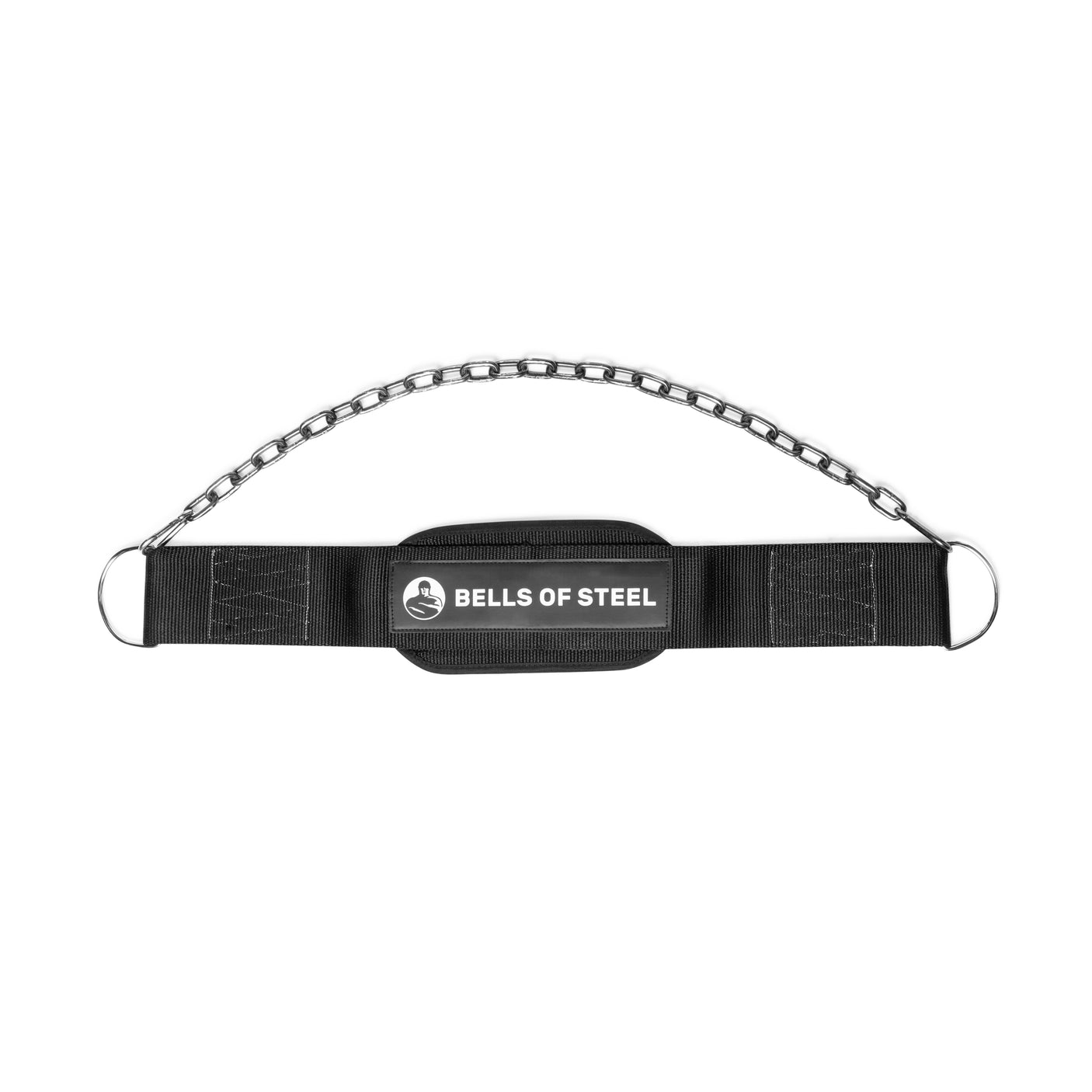 The Bells of Steel USA Dip Belt is a black fabric weightlifting harness with reinforced stitching, a metal chain, two metal rings for attaching weights, and the “Bells of Steel” logo on the front—perfect for bodyweight or dip belt exercises.