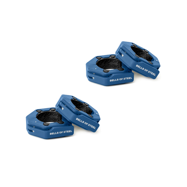 Two pairs of blue, hexagonal Magnetic Clamp Collars by Bells of Steel, each with black center grips, displayed on a white background.
