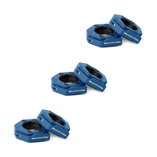 Three pairs of blue Magnetic Clamp Collars by Bells of Steel are stacked diagonally on a white background, each pair slightly open to reveal the black interior mechanism.