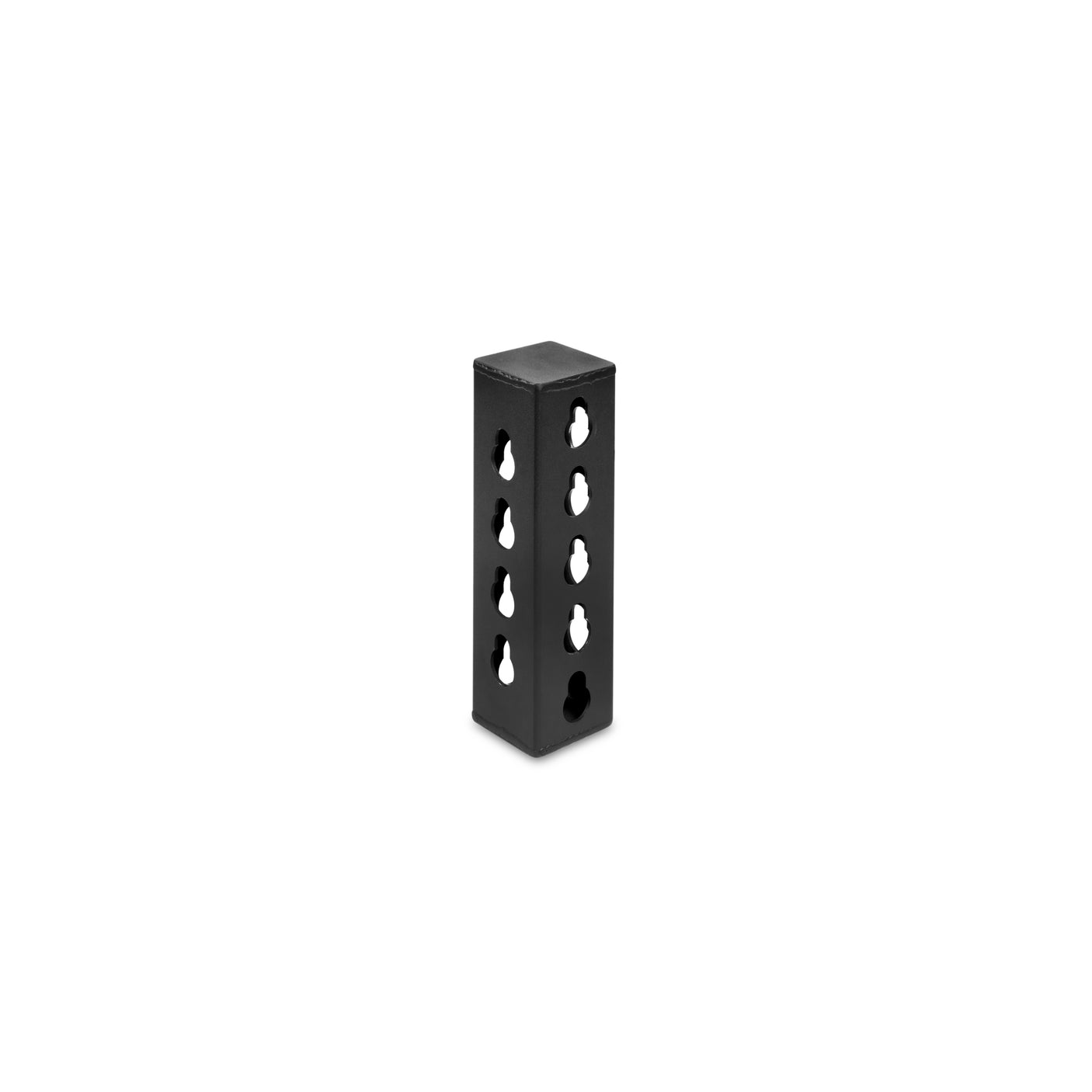 The Bells of Steel USA Rack Junctions - 3" x 3" is a black, rectangular metal block with multiple circular holes, ideal for rack setup or junctions, shown standing upright on a white background.