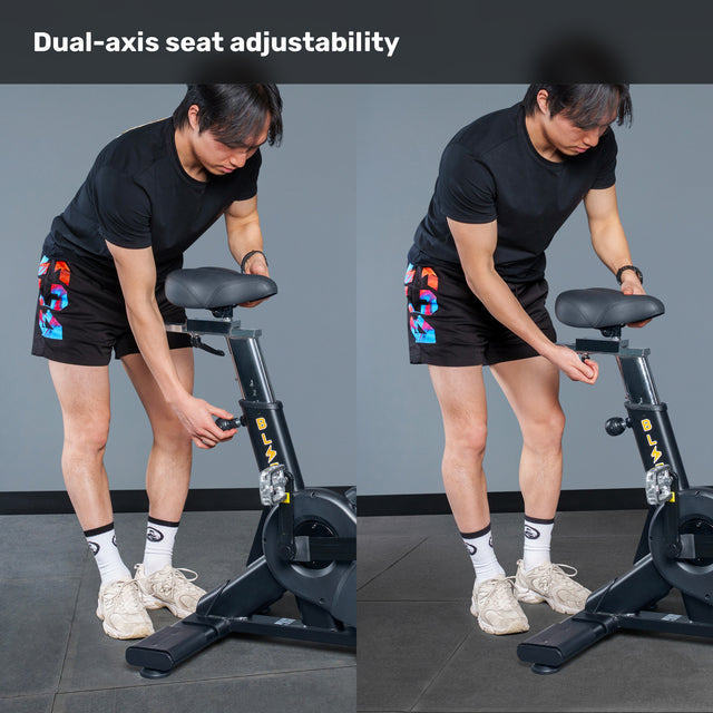 A person in black shorts and shirt adjusts the seat height and angle on the Bells of Steel Blitz Air Bike. The text above says, "Dual-axis seat adjustability.