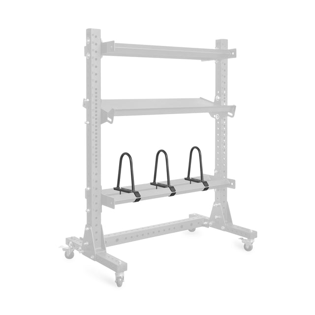 The Bells of Steel USA Divider for Bumper Plate Shelf (Pack of 3) includes three black, U-shaped holders on a light gray, wheeled rack with storage shelves for easy mobility and organized gym equipment.
