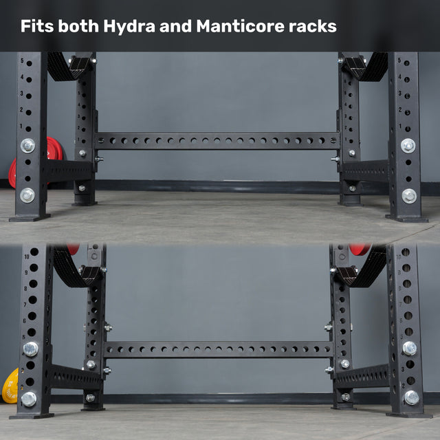 Two close-up views of Bells of Steel USA’s 43" Crossmember For Converter Bench on black power rack bases with multiple holes. Text at the top reads, “Fits both Hydra and Manticore racks.” Gray background, red and yellow weights visible.