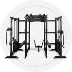 Introducing the Hydra Trident Station by Bells of Steel USA: a sleek black multifunctional gym power rack with cable pulleys and a pull-up bar, set against a white background with a dotted circular design.