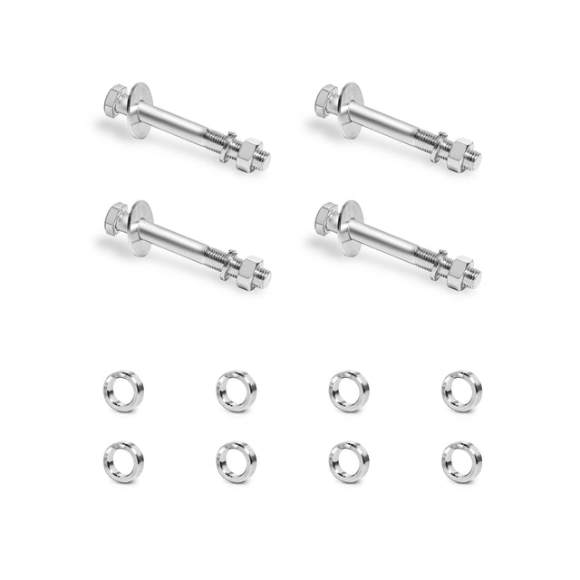 Four Hydra Hardware Concrete Anchor Bolts by Bells of Steel, with attached nuts and eight separate washers, are neatly arranged on a white background.