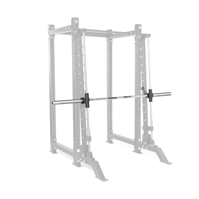 A Smith Machine Rack Attachment by Bells of Steel in a power rack with safety bars and weight plate holders. The grey outline highlights the rack, contrasting with the fully colored bodybuilding equipment for emphasis.