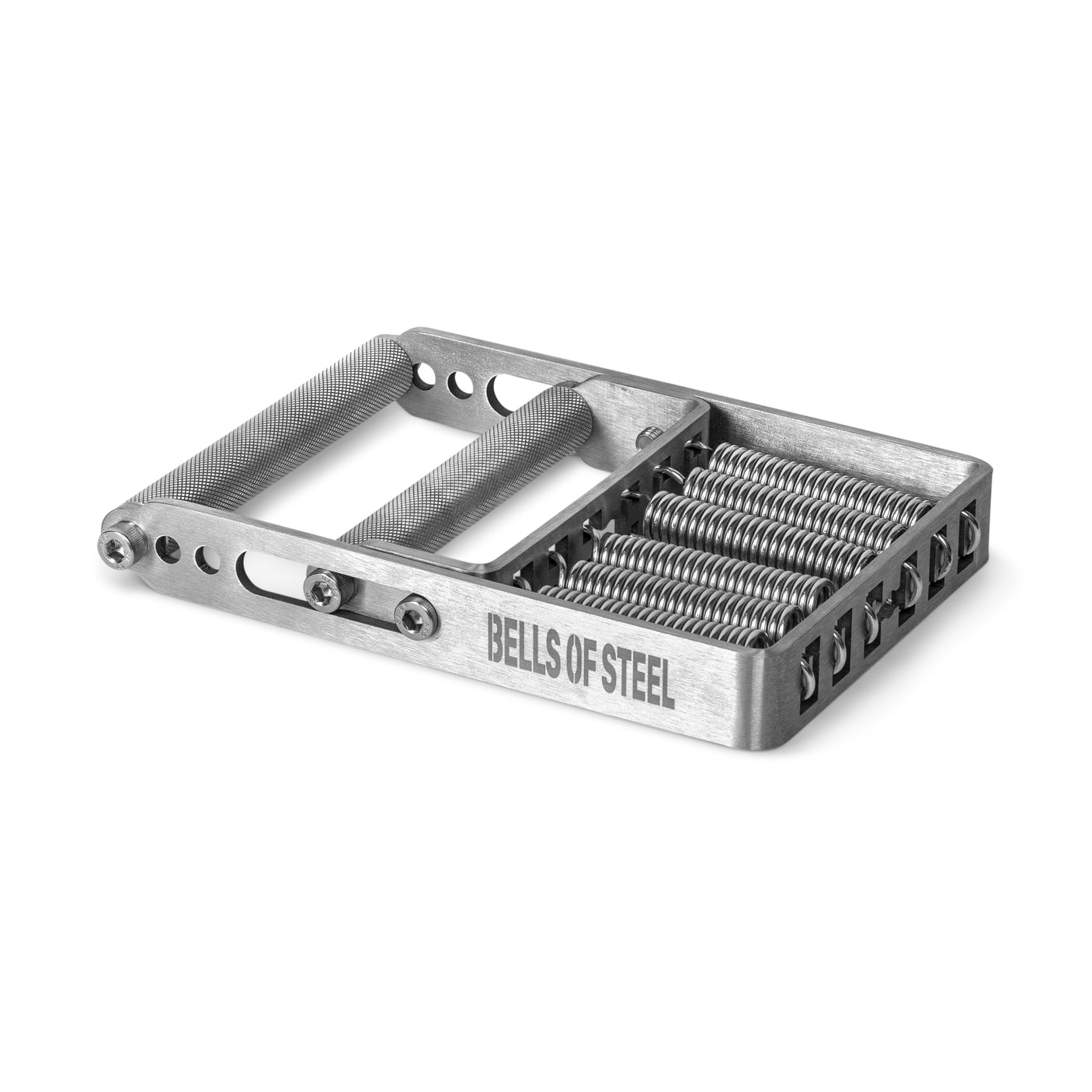 The Bells of Steel USA Adjustable Forearm Heavy Trainer is a metal grip strengthener with adjustable resistance, multiple springs, and textured handles, featuring the brand name engraved on the side.