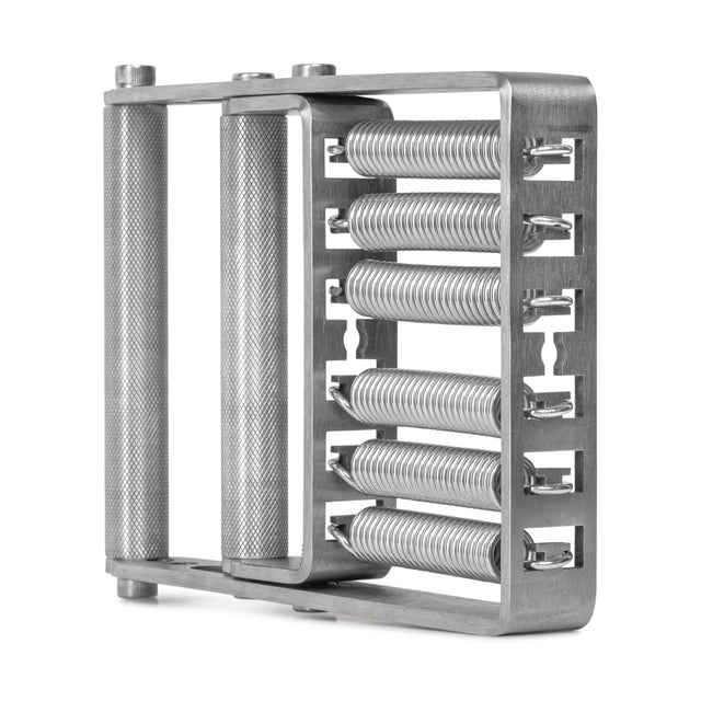 A close-up of the Bells of Steel USA Adjustable Forearm Heavy Trainer, showing two knurled handles and six resistance springs aligned horizontally in a rectangular frame.