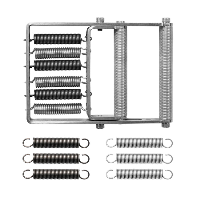 The Bells of Steel USA Adjustable Forearm Heavy Trainer features two textured metal bars and six detachable coiled springs, shown attached and separately. This versatile grip tool is perfect for progressive overload in exercise routines.